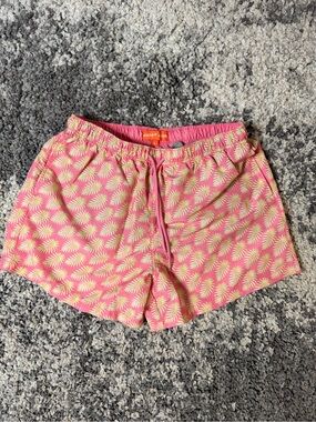 Happy Hour, Men’s Pink & Yellow Palm Leaf Print Swim Trunks Swimwear, Large